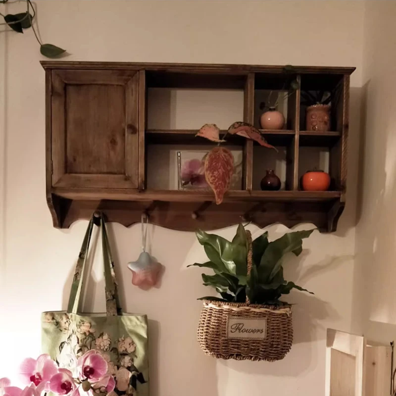 Retro Solid Wood Floating Shelves Wall Mounted Kitchen Storage Rack Nordic Dining Room Pantry Hanging Cabinet