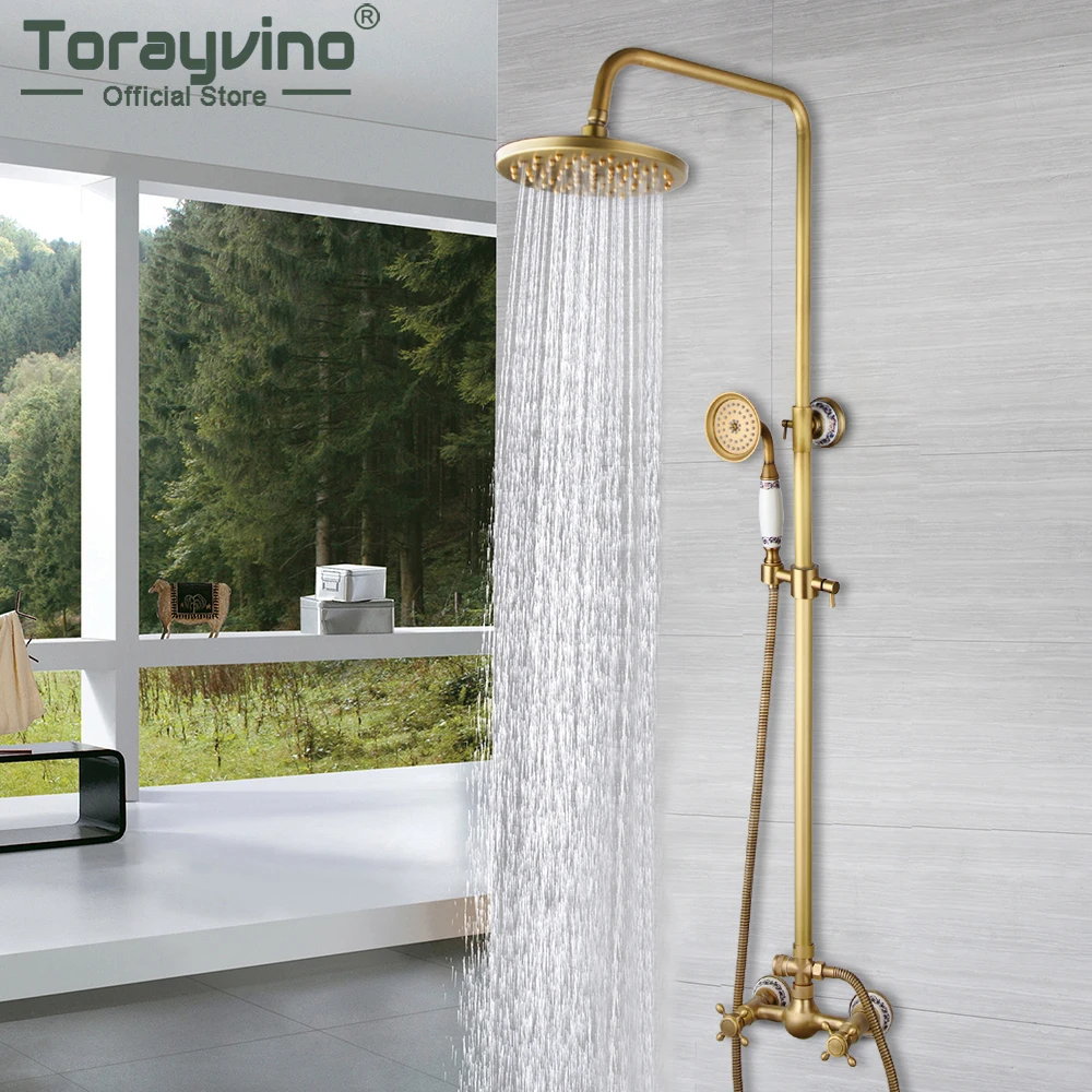 

Torayvino Antique Brass 8" Rainfall Shower Head Faucet Bathroom Shower Faucet Set Bathtub Shower Mixer Water Tap Combo Kit