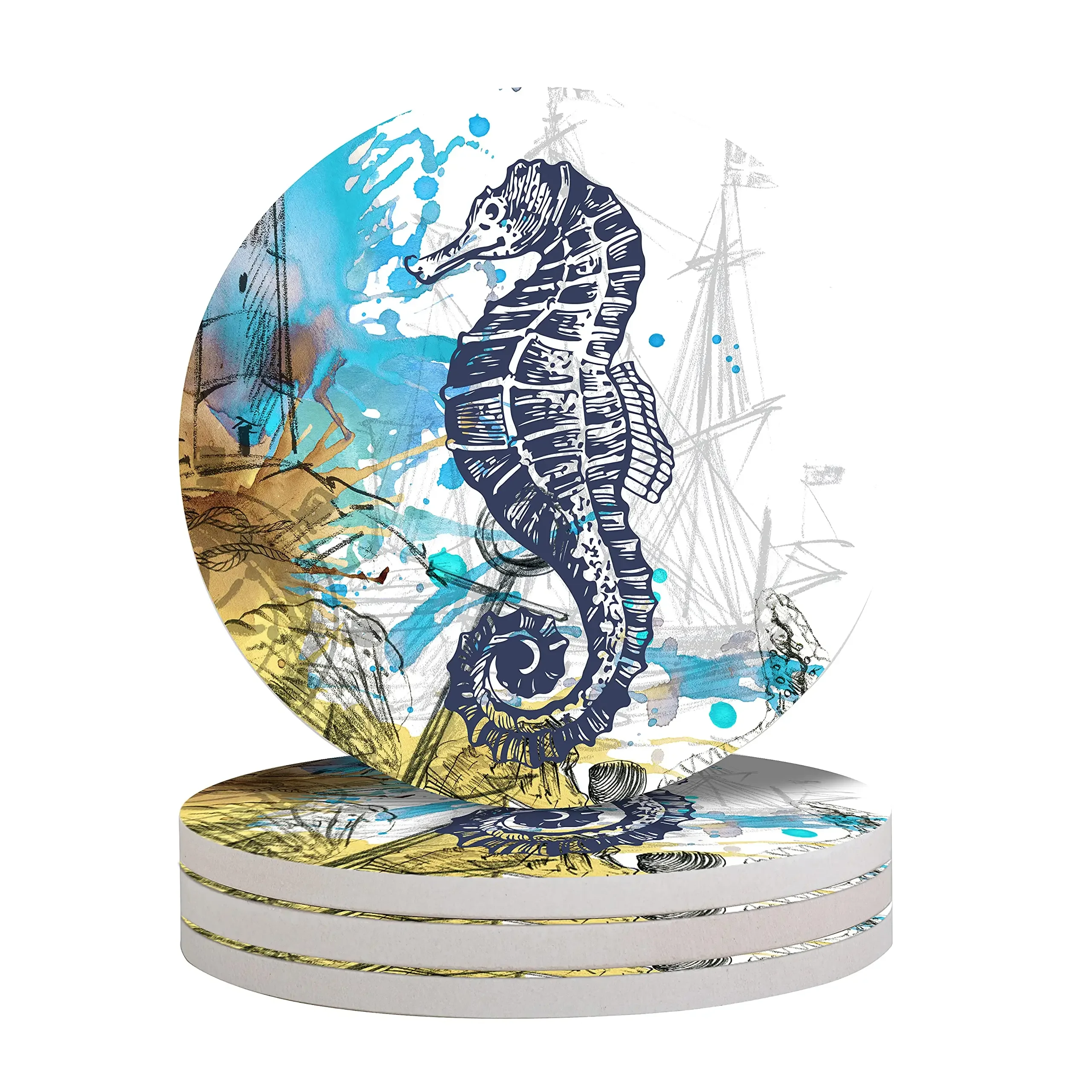 Blue Seahorse Anti Slip Ceramic Coasters Ocean Nautical Map Cup Place Mats for Table Home Decor Living Room Kitchen Coffee Table