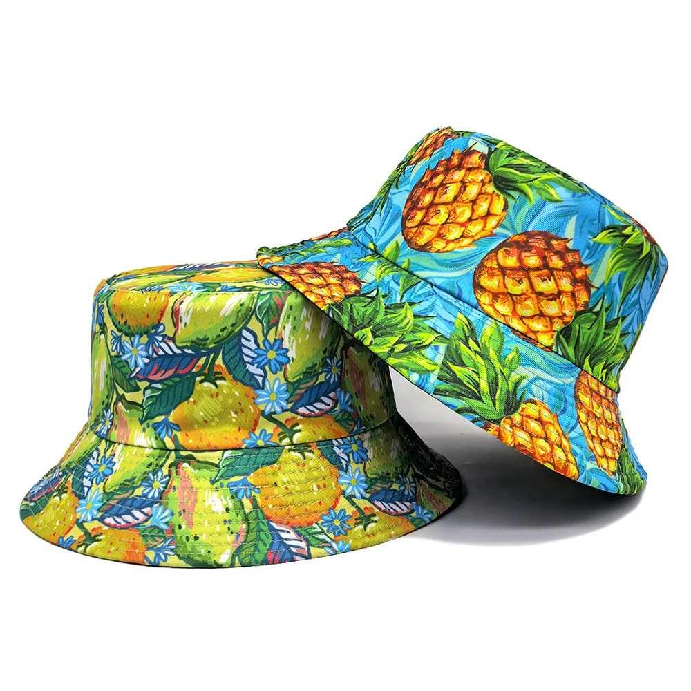 Fruit Lemon Pineapple Print Bucket Hat Women Men Summer Panama Outdoor Sunscreen Fashion Fisherman Hat Reversible Beach Travel