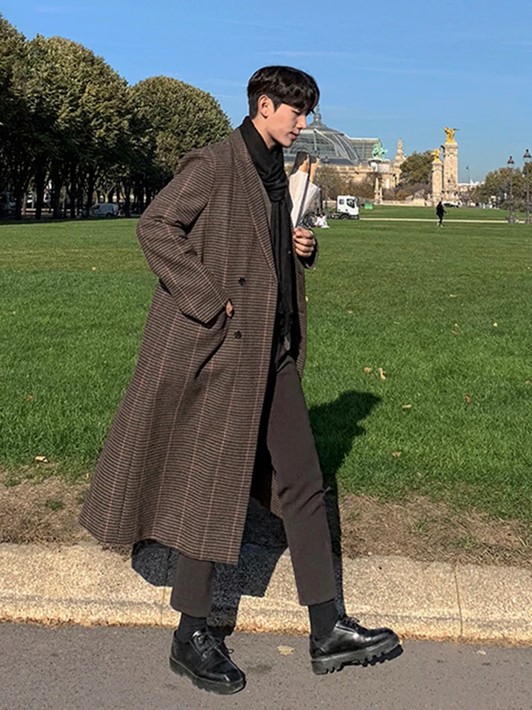 

MRCYC Men's Plaid Woolen Coat Autumn Winter Mid-Length Thiened Loose Knee-Length Trendy Korean Sle Double-Breasted Coat