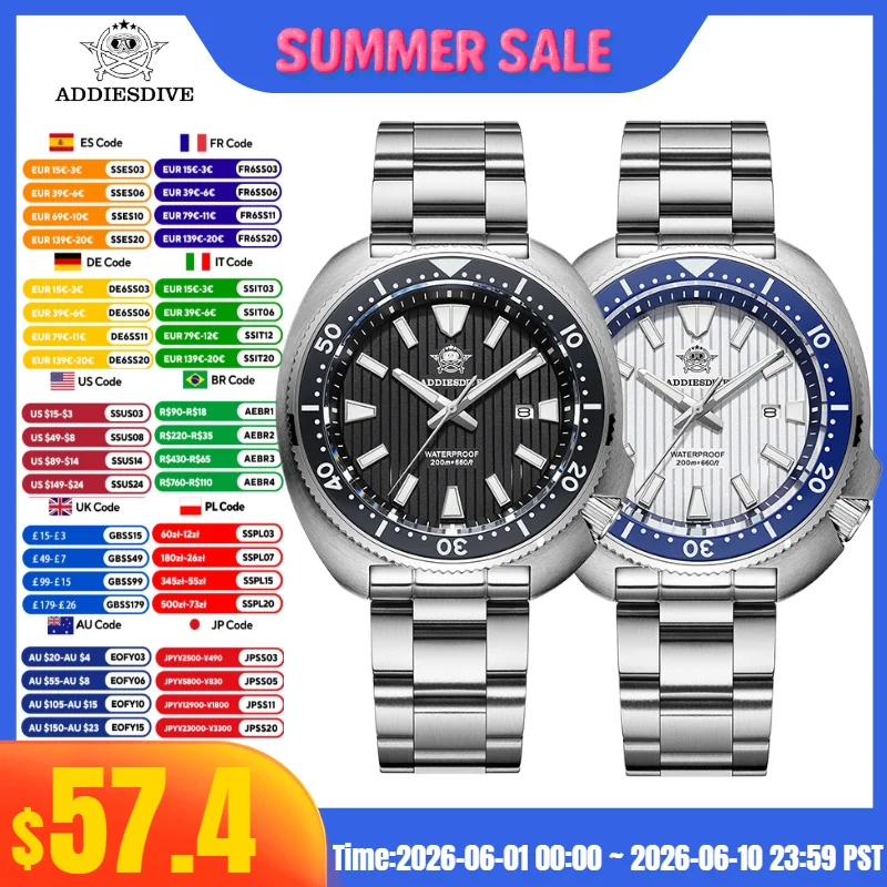 

ADDIESDIVE AD2507 Sapphire Glass Men‘s Watch 20Bar Waterproof Window Display Reloj Hombre BGW9 Super Luminous Quartz Watch