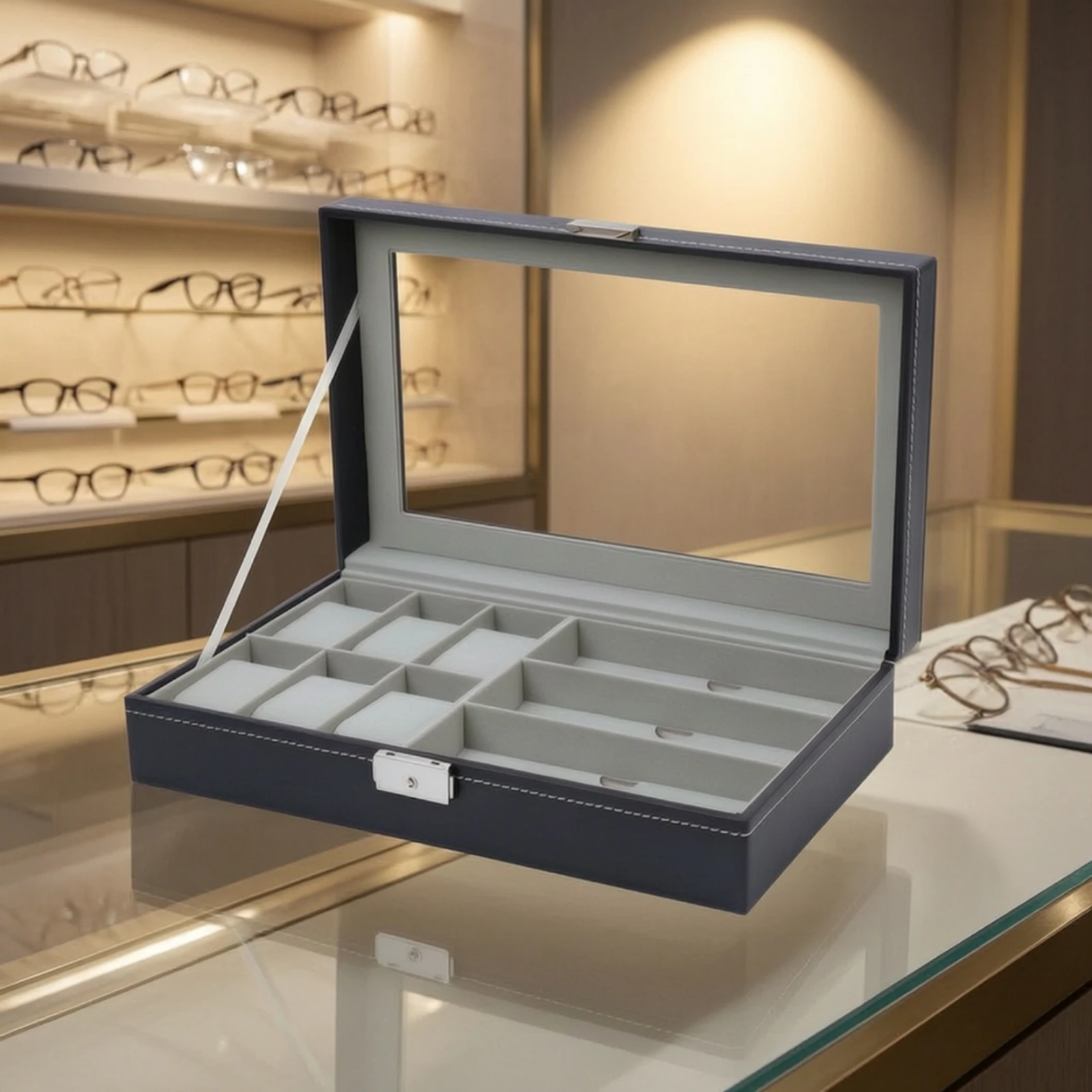 Glasses Storage Box with Compartments Segmented Sunglass Organizer with Glass-Style Top Sunglasses Organizer Leatherette