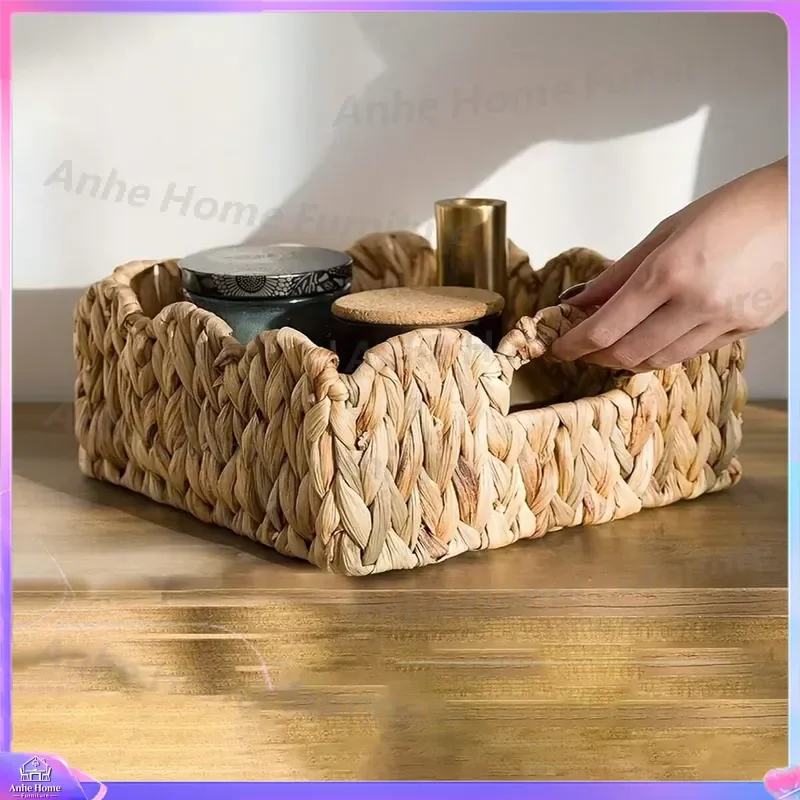 3pcs Water Hyacinth Storage Basket Set Hand Woven Rectangular Fan Shape Box with Curved Handle Home Decor Organizer Shelf Bin