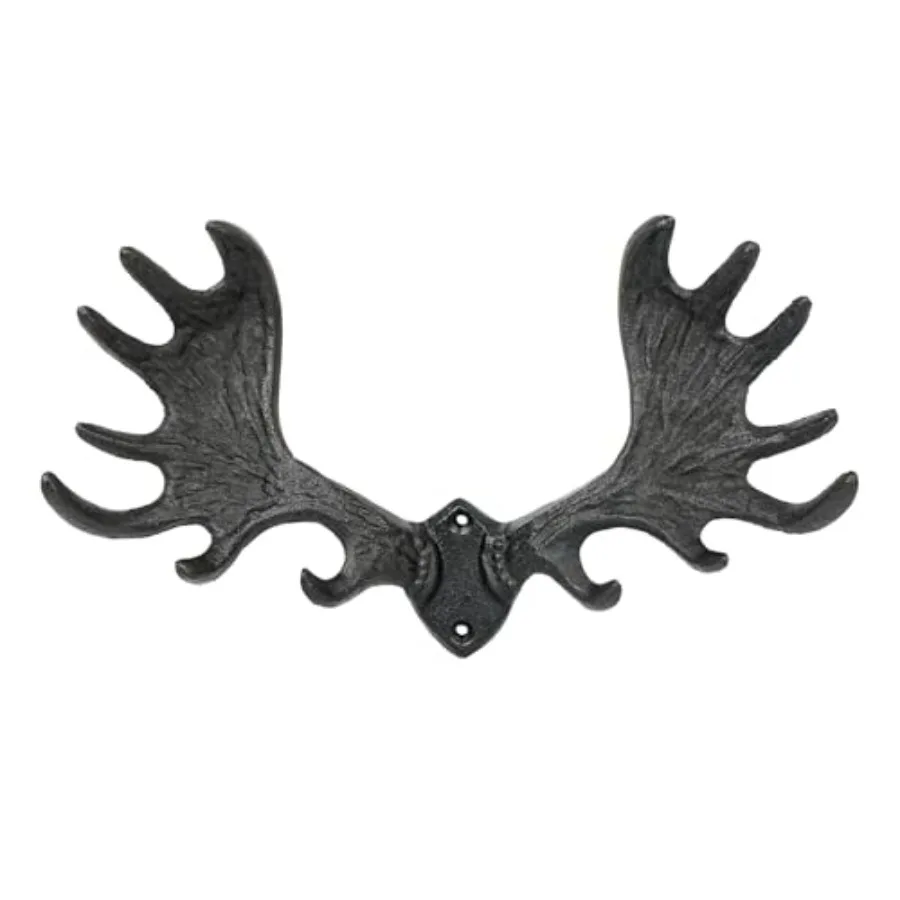 

Rustic Cast Iron Moose Antler Wall Hooks - Heavy Duty Decorative Coat Rack for Hats Keys Bags and Jackets - Lodge and Cabin Far