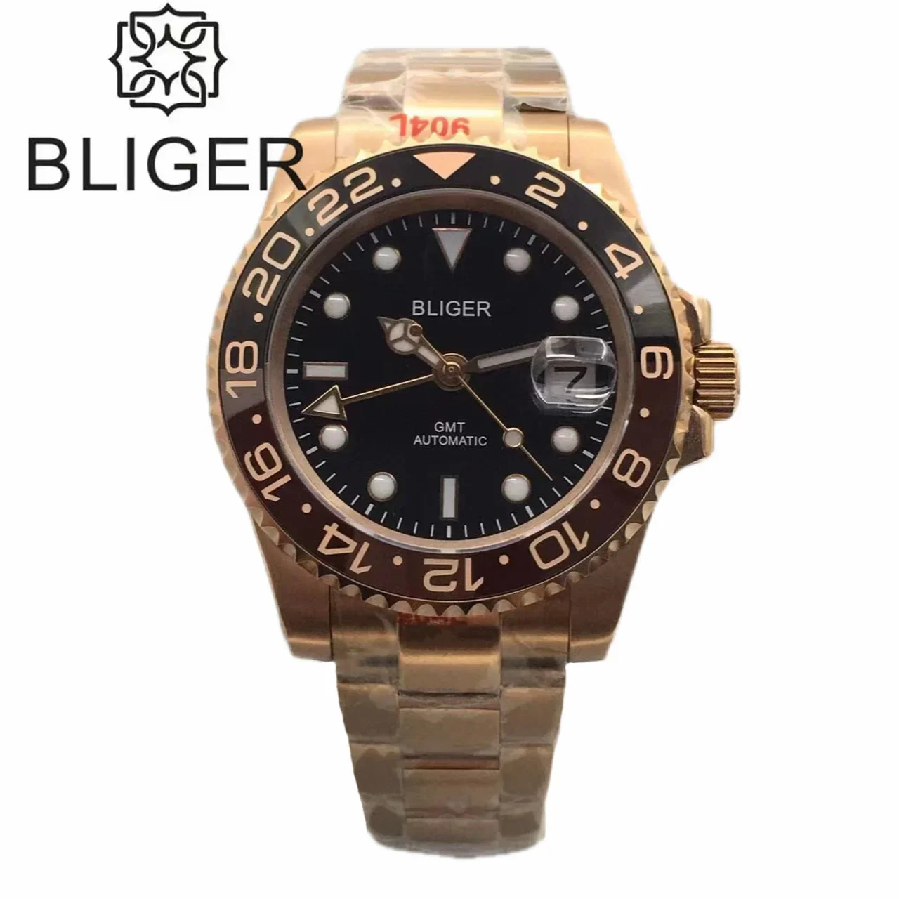 

BLIGER 40mm GMT Men Watch DG3804 Movement Black White Blue Dial Rose Gold Bracelet Ceramic Bezel Sapphire Glass Luminous