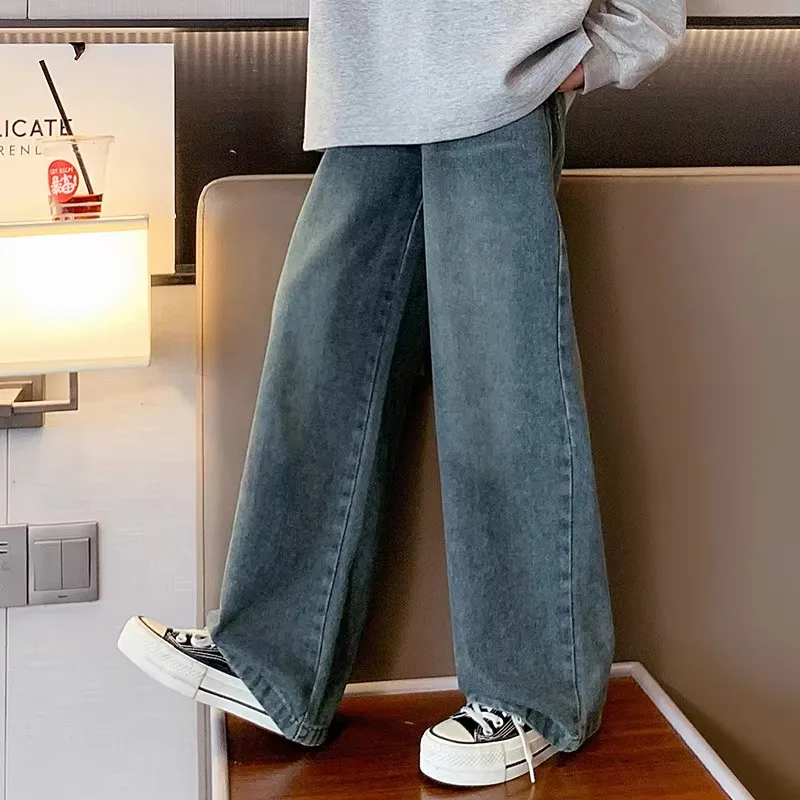 10代の若者向けのヴィンテージブルージーンズ、子供向けのカジュアルストレートデニムパンツ、レディースパンツ、無地、韓国スタイル、子供、女の子向け