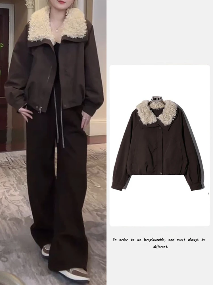 

Faionable Patchwork Design Thiened Fce Women's Jaet Winter New Sle Small Collar Retro Top Korean Sle Loose Fit