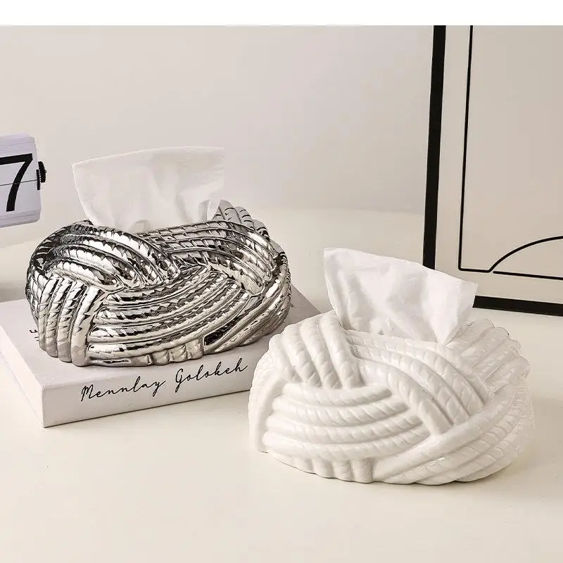 

Hemp Rope Shape Tissue Box Clinch Knot Ceramic Decorative Paper Towel Coffee Table Desktop Boxes Modern Home Decor