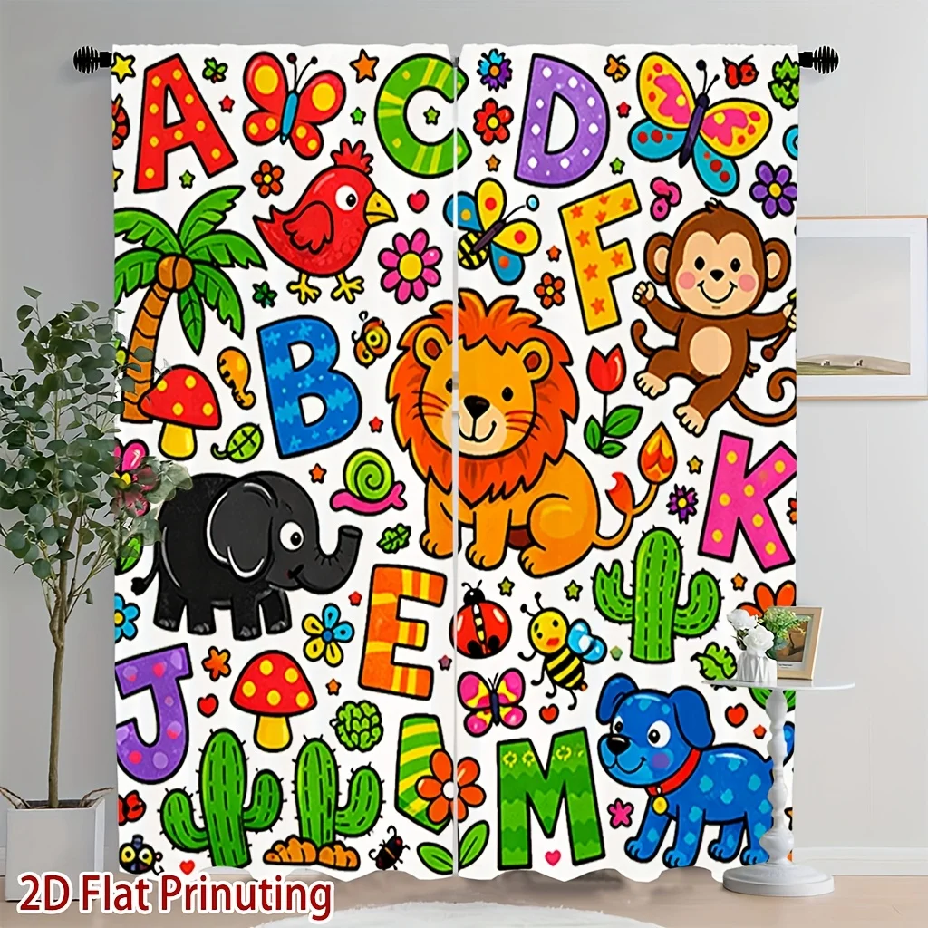 Cute Kids Educational Alphabet ABC Curtain Curtains Nursery Decor ABC Learning Jungle Theme Animal Print for Toddlers Kindergart