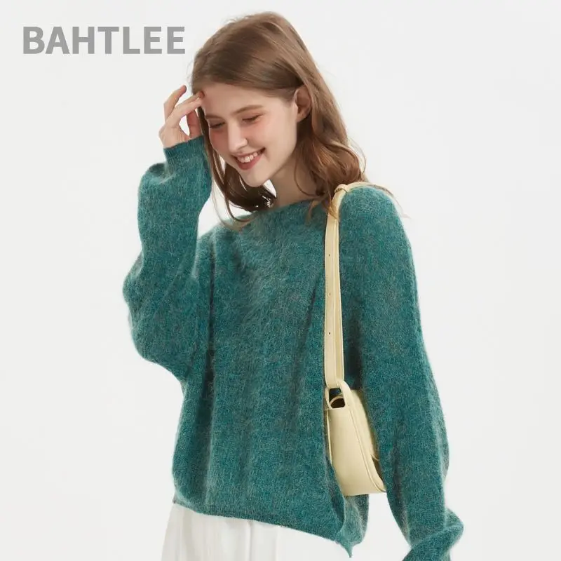 Imagem -02 - Bahtlee-suéter Feminino de lã Mohair Tricotado Gola Cortada Manga Lanterna Estilo Curto Fino Solto Confortável Primavera Outono