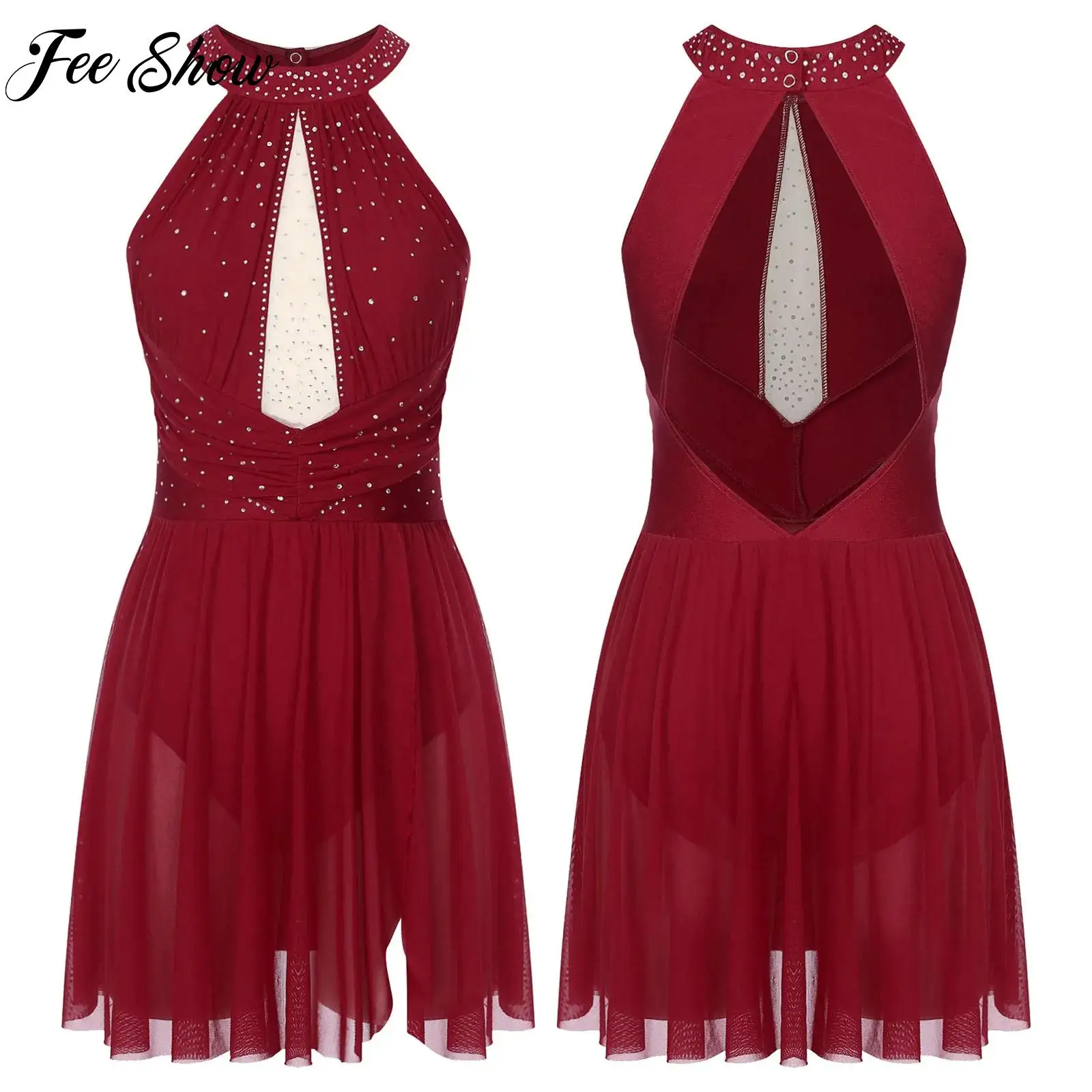 

Women's Lyrical Modern Dance Dress Rhinestones Ruched Mesh Backless Dress Lady Gym Figure Skating Performance Costume Dancewear