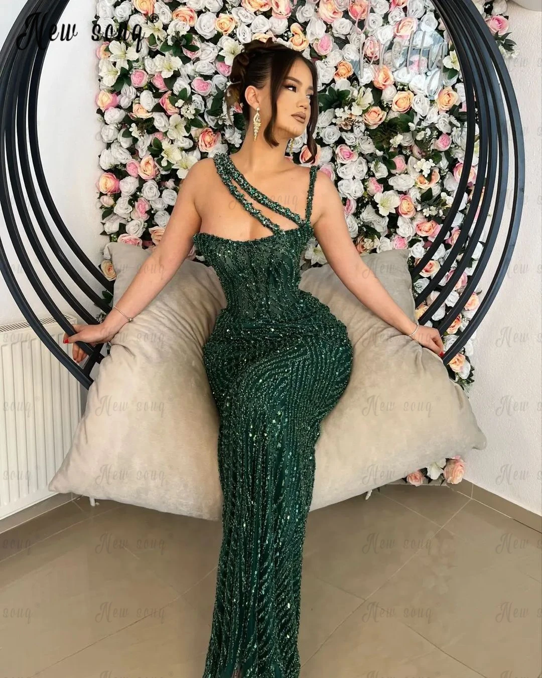 Fashion Luxury Beaded Emerald Green Party Dress Long Maxi Halter Evening Night Gowns New Wedding Guest Dress Forma Prom Gowns