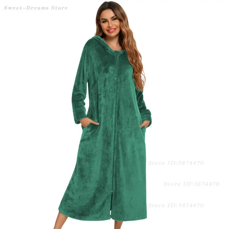 Loose Casual Zipper Nightgown Thicken Hooded Sleepwear Long Sleeve Bathrobe Autumn Winter New Women's Flannel Nightwear Homewear