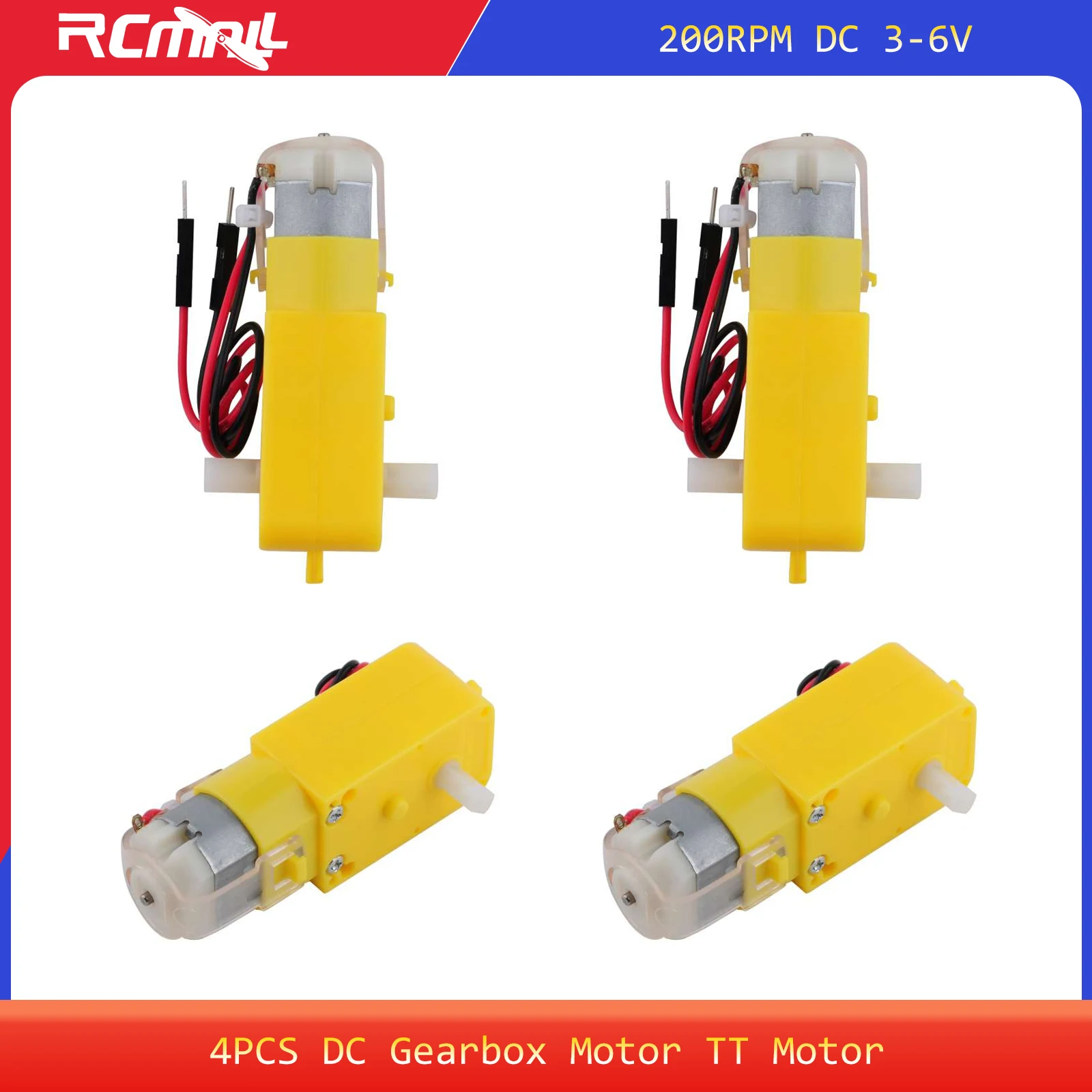 4PCS DC Gearbox Motor TT Motor 200RPM with Tire Male Connector Dual Shaft DC 3-6V 1:48 Gear Ratio for Arduino Smart Car Robot