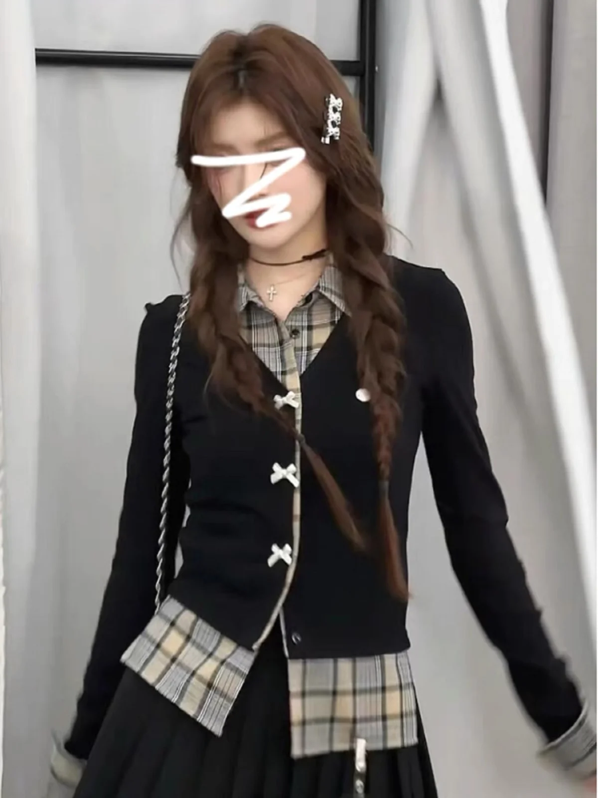 

Slim Fit Ne Plaid Patchwork Fake Two-Piece plus Size Women's Top Korean Sle Commute Faion Knot Design