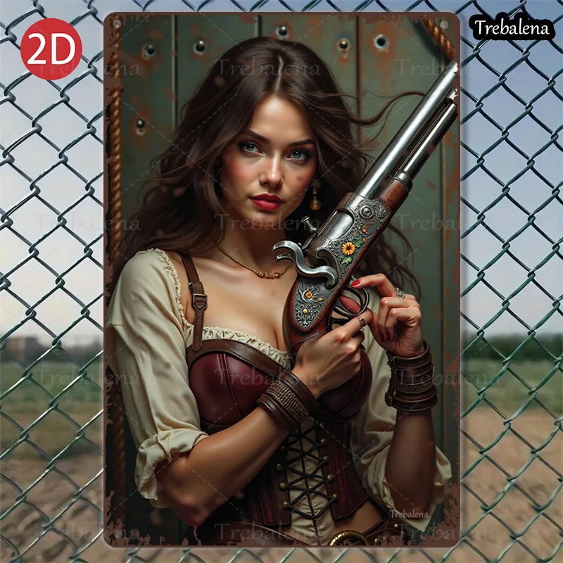 

1PC 2D Flat 8*12inch Metal Sign Western Style Woman with Gun Art Decor