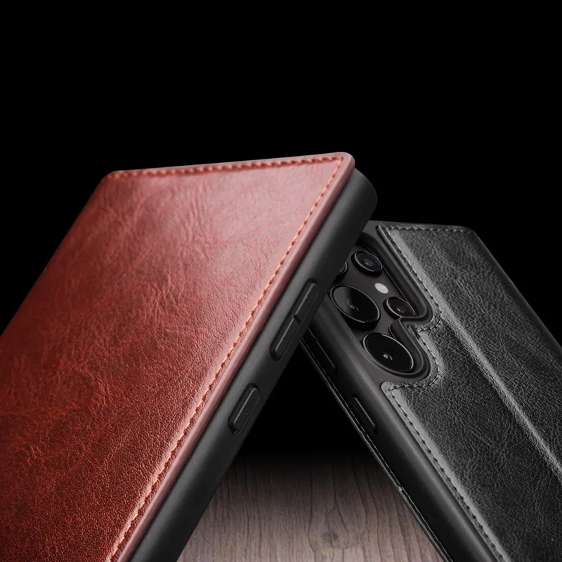 QIALINO Genuine Leather Phone Case for Samsung S24+ Plus 5G Business Style Fashion Luxury with Card Slots Cover for S24 Ultra 5G