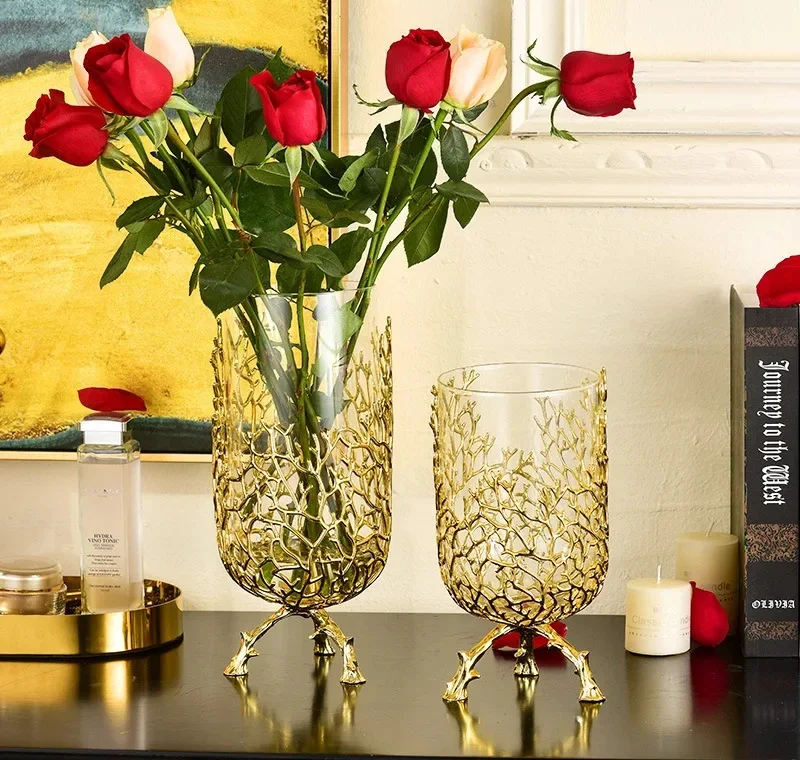 

For Vaso de vidro criativo ramos suporte dourado oco pés altos transparente hidropônico arranjo flor metal artesanato vaso flor