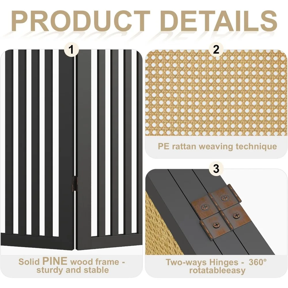 مقسم غرفة الروطان طويل القامة قابل للطي مع إطار خشبي - شاشة خصوصية منسوجة يدويًا للمنزل، قسم قائم بذاته #3