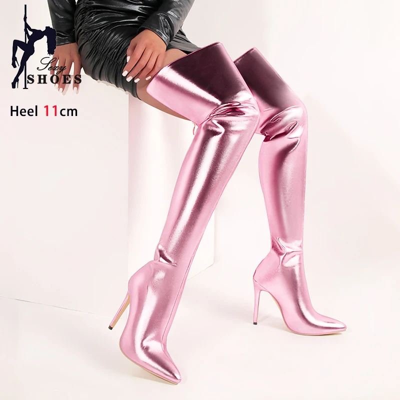 

Thigh High Boots With Back Zip Solid Color Over-the-knee Boots For Women Pointed Toe Super High Heel Patent Leather Female Shoes