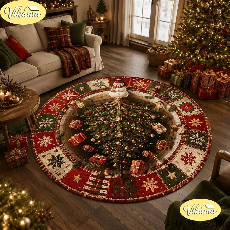 VIKAMA Christmas Round Rug 3D Christmas Tree Snowman Gifts Area Rug Living Room Holiday Home Decor Aesthetic Art Large Premium