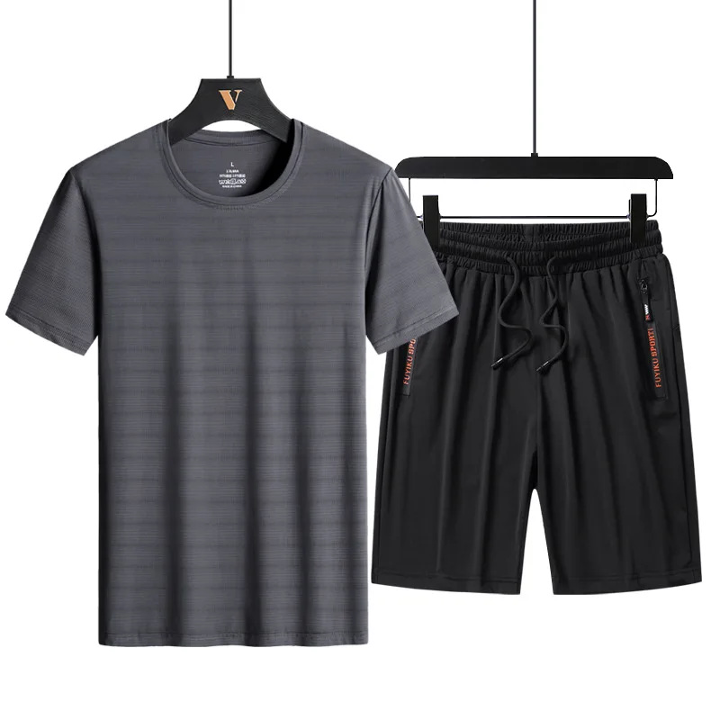 Tracksuit Men Set Men's 2 Pieces Sets M-7XL 8XL 9XL Summer New Casual Clothing Fitness Tracksuits Splicing Mesh Short Sleeve Set