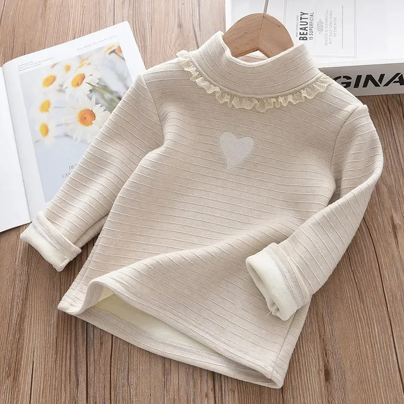 Camicia con fondo in velluto da ragazza Abbigliamento autunnale e invernale Camicia lavorata a maglia in pizzo a collo alto per bambini Top caldo spesso da ragazza