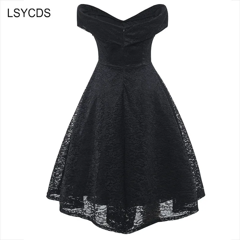 LSYCDS Sexy Summer Party V-Neck Dress A-line Short Sleeve Robe Vintage Retro Casual Party Rockabilly Black 50s Lace Women Dress