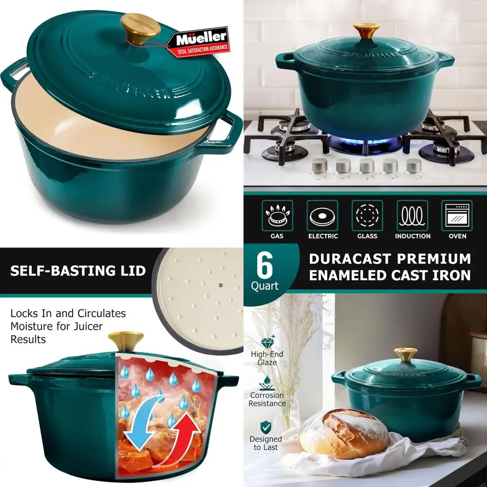 

6-литровая эмалированная чугунная голландская духовка с прочной крышкой, безопасная для духовки до 500 ° F, подходит для всех варочных панелей, белый цвет.