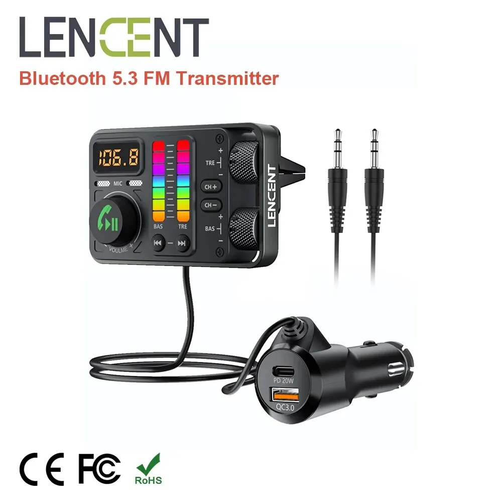 Samochodowy nadajnik FM LENCENT Bluetooth 5.3, odtwarzacz muzyczny Hi-Fi Treble & Bass, szybka ładowarka samochodowa PD20W QC18W, radio Bluetooth Car Ad