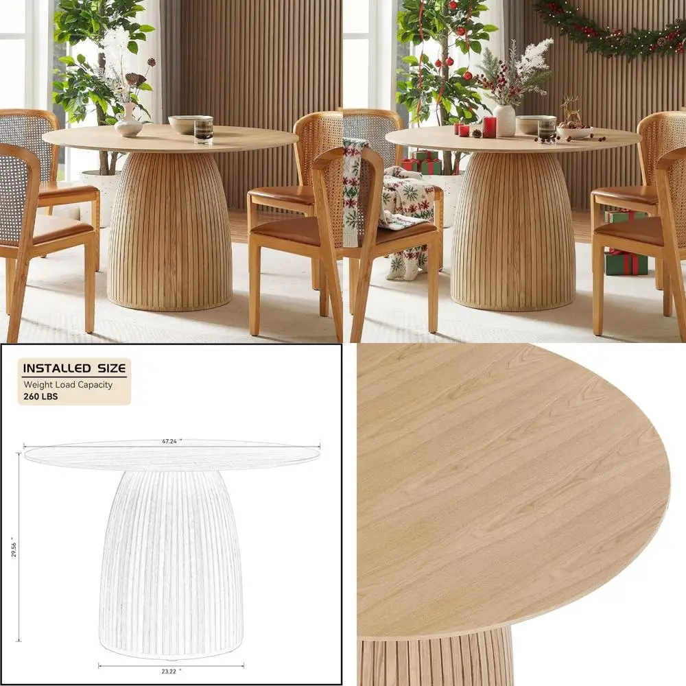 

Elegant Oak Round Dining Table for 4-6 People with Circular Pedestal Base