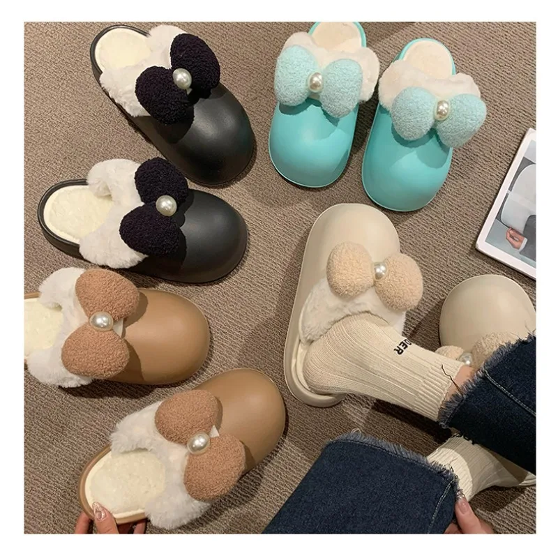 

Winter Sweet Butterfly Knot with Velvet Warm Women's Cotton Slippers Anti slip Thick Bottom Increased Hairy Home Slippers