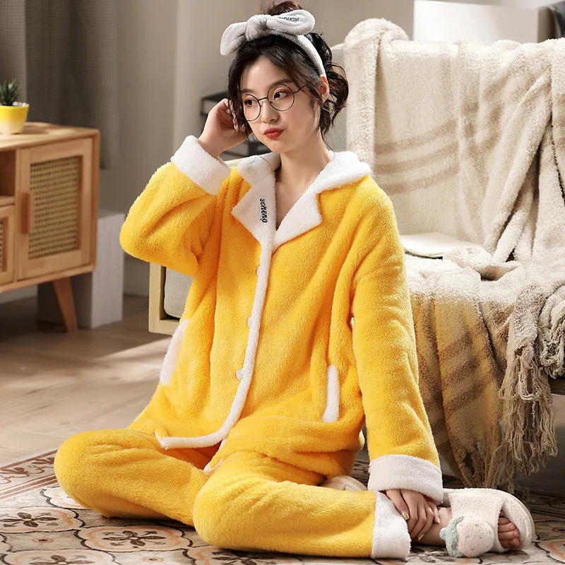 

Winter Warm Flannel Women Pyjamas Sets Thick Coral Velvet Buttons Long Sleeve Plush Sleepwear Solid Color Pajamas Set Homewear