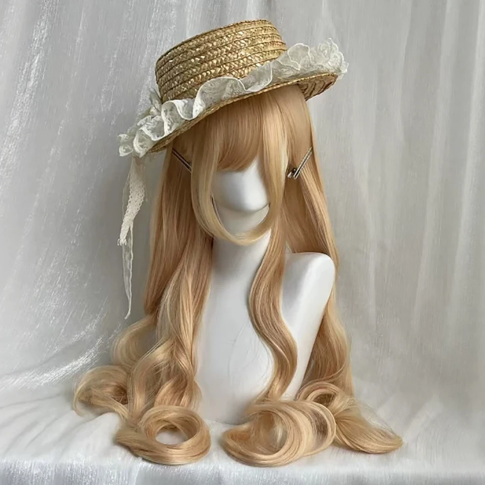Gold Long Wavy Synthetic Wig with Bangs Heat-resistant Fluffy Natural Wig for Women Daily Cosplay Halloween Party Wigs