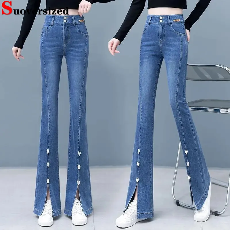 Rivet Split High Waist Flare Vaqueros Big Size 28-34 Strecth Skinny Casual Boot Cut Jeans Women New Elegant Vintage Denim Pants