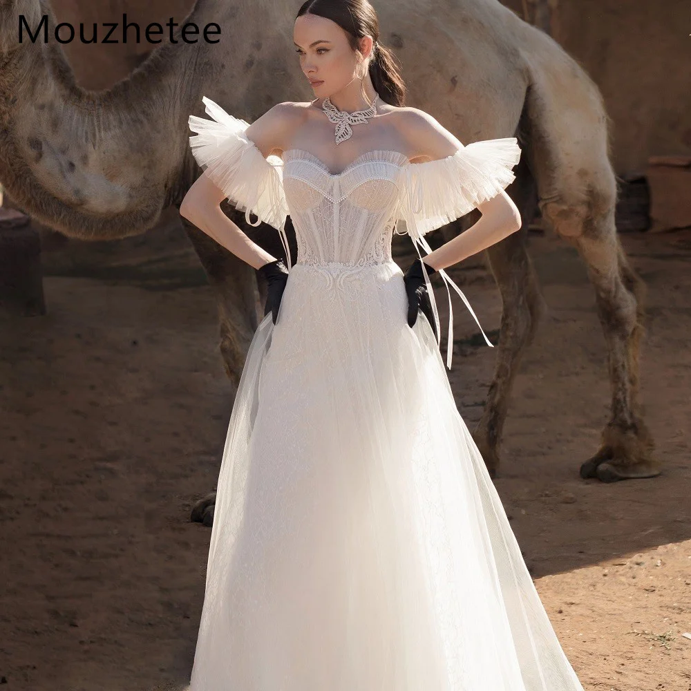 

Mouzhetee A-Line Elegant Tulle Lace Appliques Strapless Wedding Dresses Simple Pleat Pleat Brides Gown Custom Made 2026