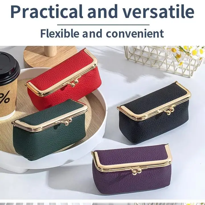 Compact Cowhide Kiss‑lock Cosmetic Jewelry Case Built‑in Mirror Divided Compartments Storage Pouch for Lipstick Earrings Rings