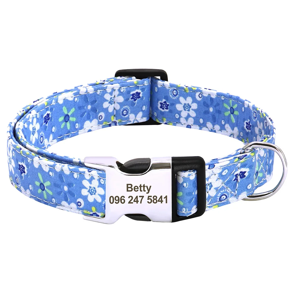 Printed Nylon Personalized Dog Collar Custom Dog Collar Floral Puppy Necklace Engraved Name For Small Medium Large Dogs Bulldog_voghion.com