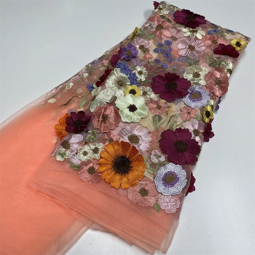 

Salouva Beads Lace Fabric High Quality Mesh Embroidery Applique 3D Flower Tulle Nigerian Lace Fabrics For Bridal Sewing XT4121