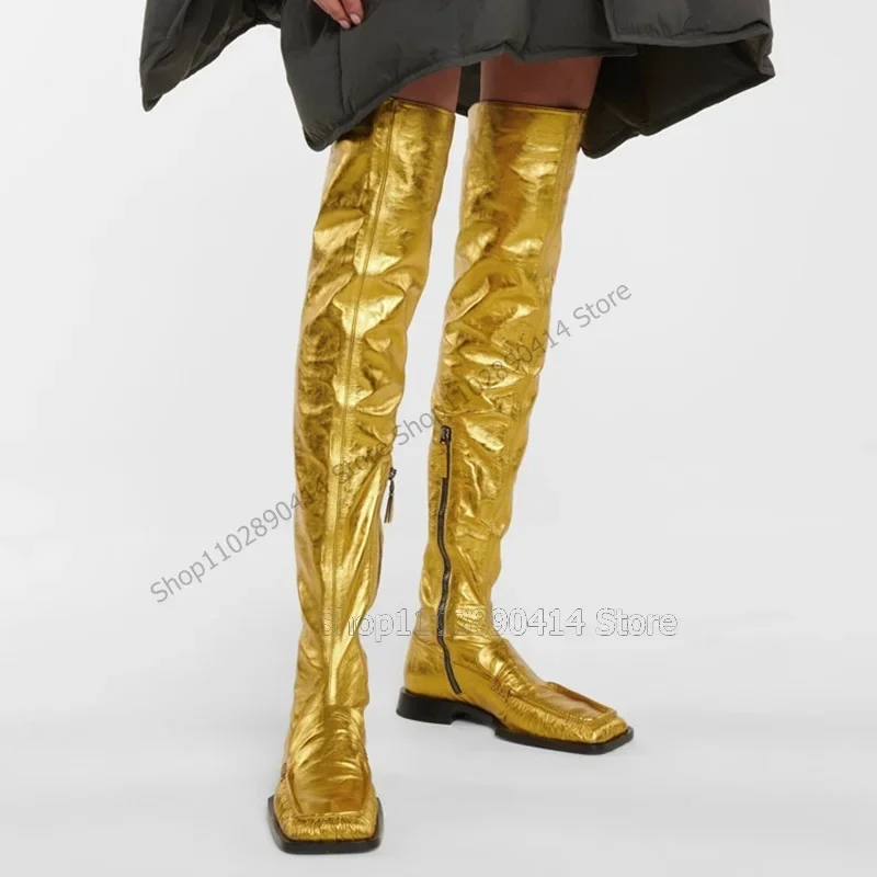 

Gold Giltter Pleated Design Square Toe Boots Side Zipper Women Shoes Chunky Heels Fashion Party Banquet 2025 Zapatos Para Mujere