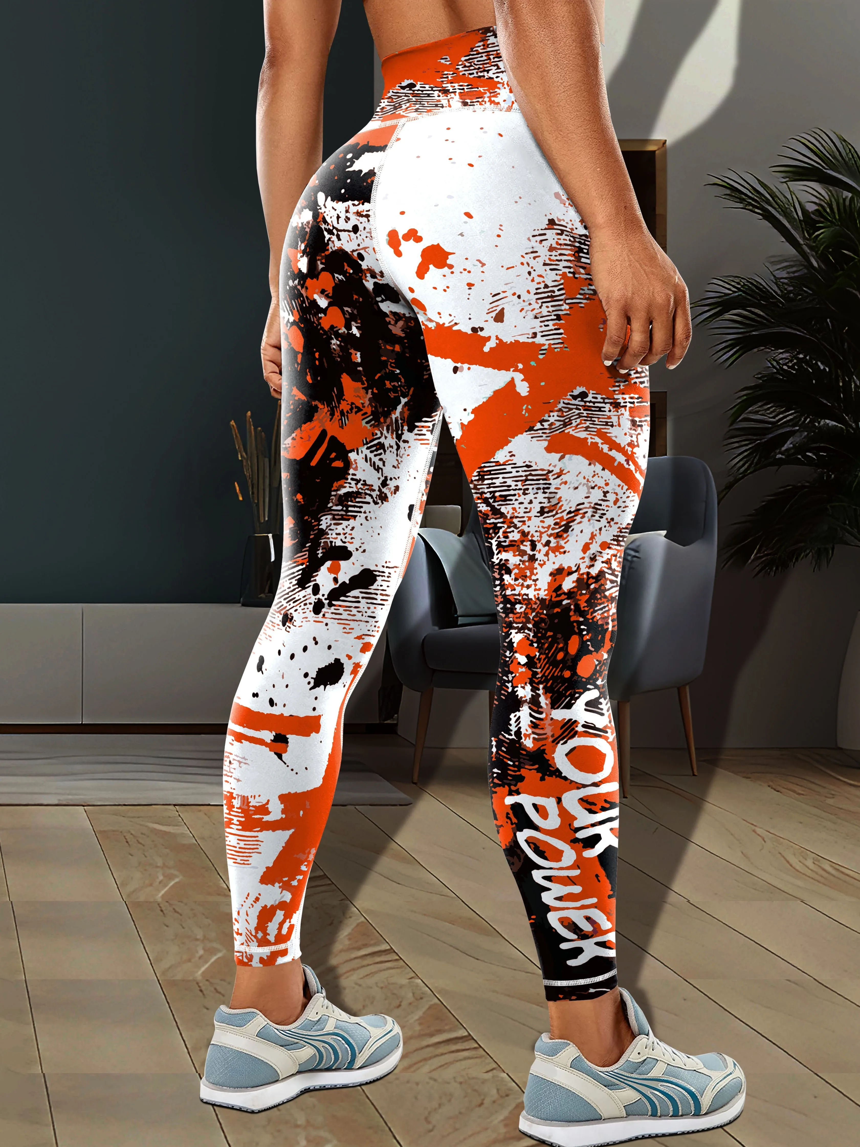 Women Fleece Lined Leggings Orange Splash Ink Letter Print Stretch Warm Sports Casual Pants