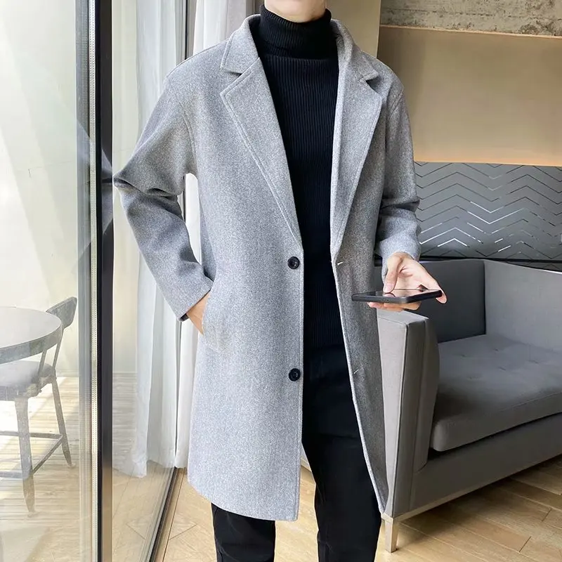 Light wind spring and autumn long woolen coat men\'s Korean version trend slim trench coat woolen coat