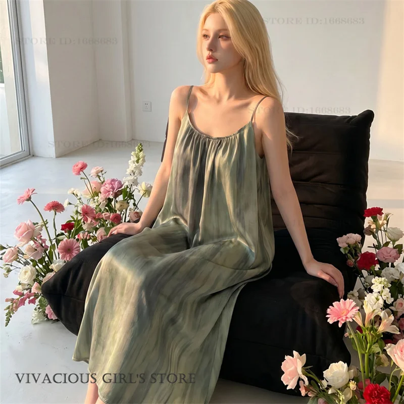 Sexy Suspender Long Nightgown Chemise Sleepwear Summer Ice Silk Nightdress Lingerie Loose Casual Home Dress Loungewear Underwear