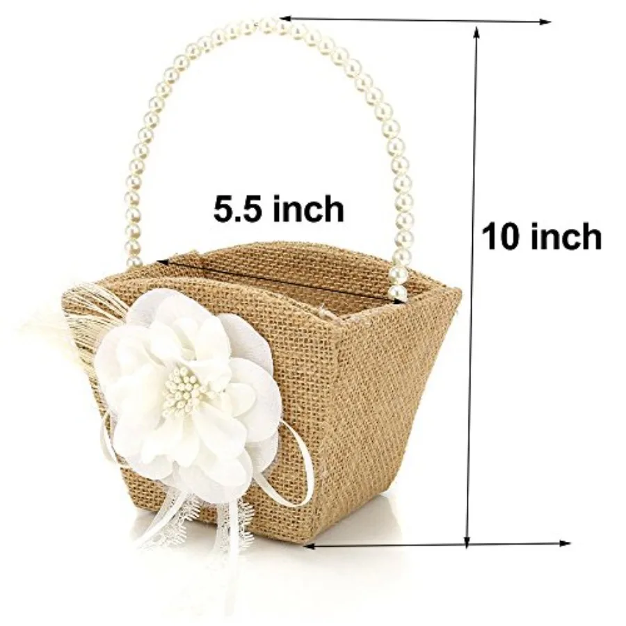 Cesta de flores de arpillera para niña, mango de perla para ceremonia de boda rústica Vintage, encaje blanco pequeño, 2 uds.