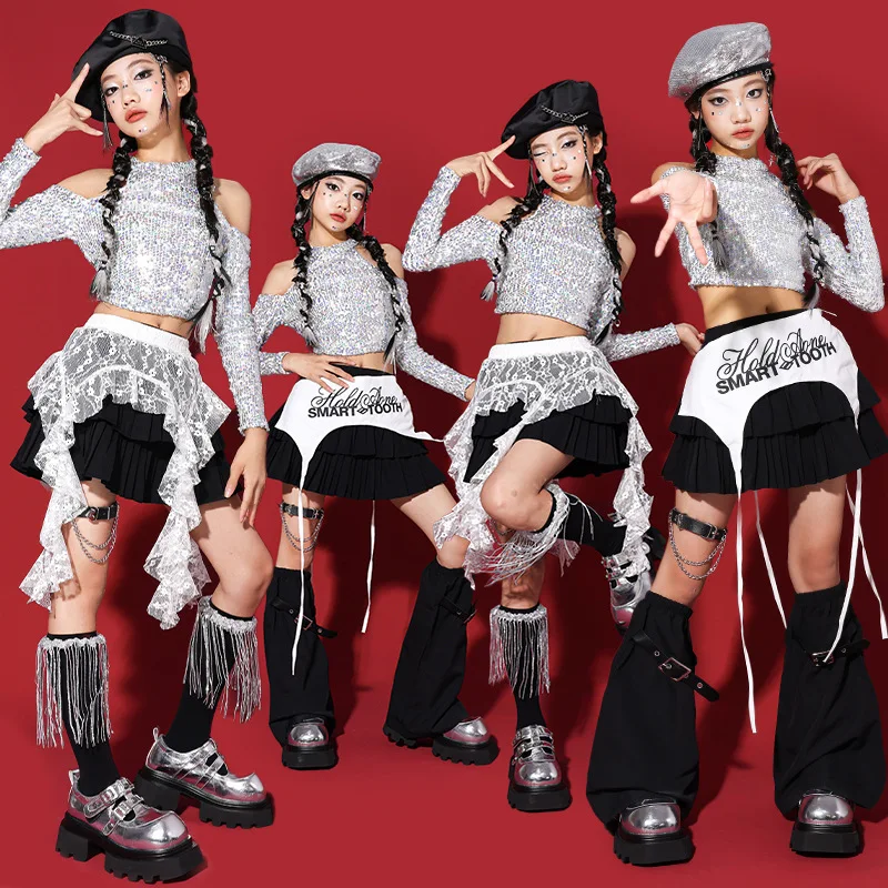 

Girls Hip Hop Outfit Sequin Crop Top Street Dance Skirt Set Kpop Streetwear Children's Jazz Costume Group Clothes