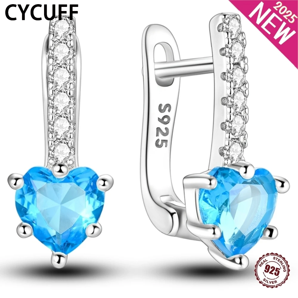 

CYCUFF 925 Sterling Silver Design Shining Aquamarine Heart Earrings Blue Zircon For Women's Luxurious Wedding Anniversary Gifts