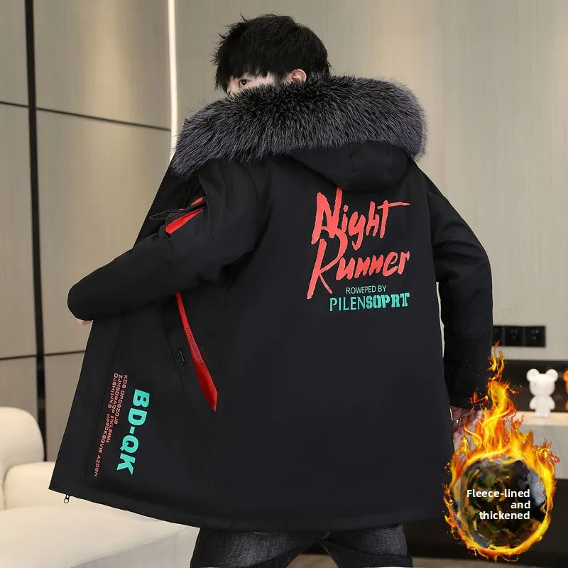 

Men's Mid-Length Fleece-Lined Thickened Winter Jacket Coat Casual Hooded Cotton Padded Warm Top for Young Adults