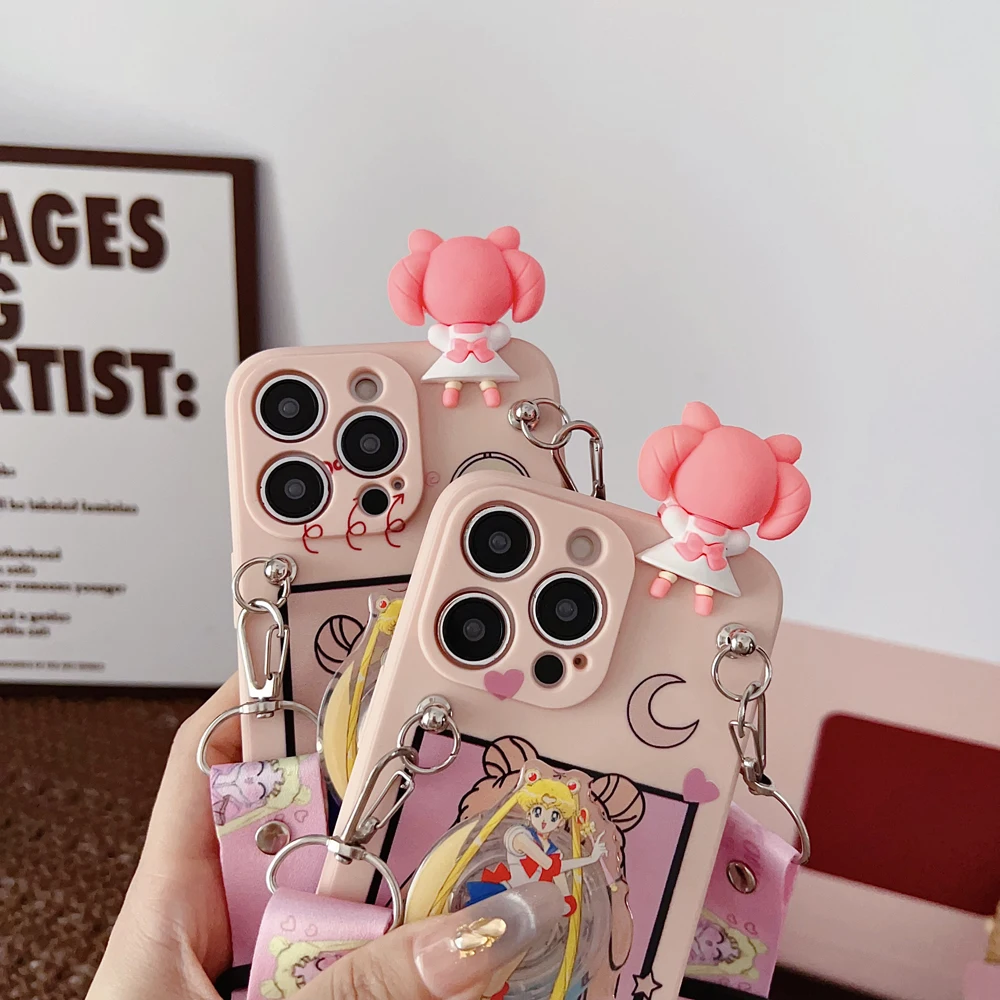 Dla Samsung Galaxy A12 A11 A71 A51 A52 A22 A02s A32 A13 A53 A03s A04s A20s A33 A73 A23 Pink Moon Case With Holder Rope