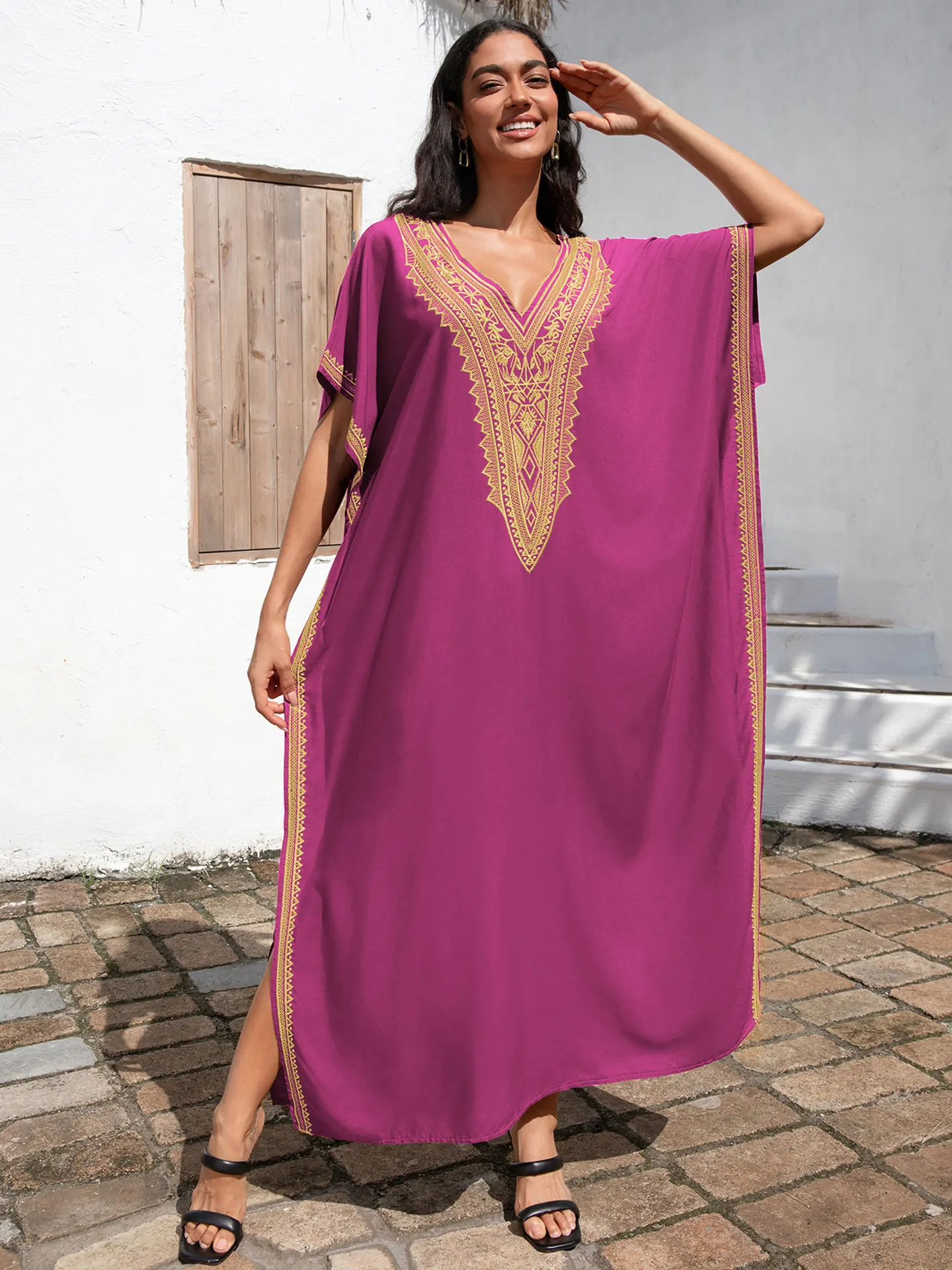 Women V Neck Embroidery Kaftan Dress Loose Casual Beach Cover Up Long Caftans Maxi Dresses